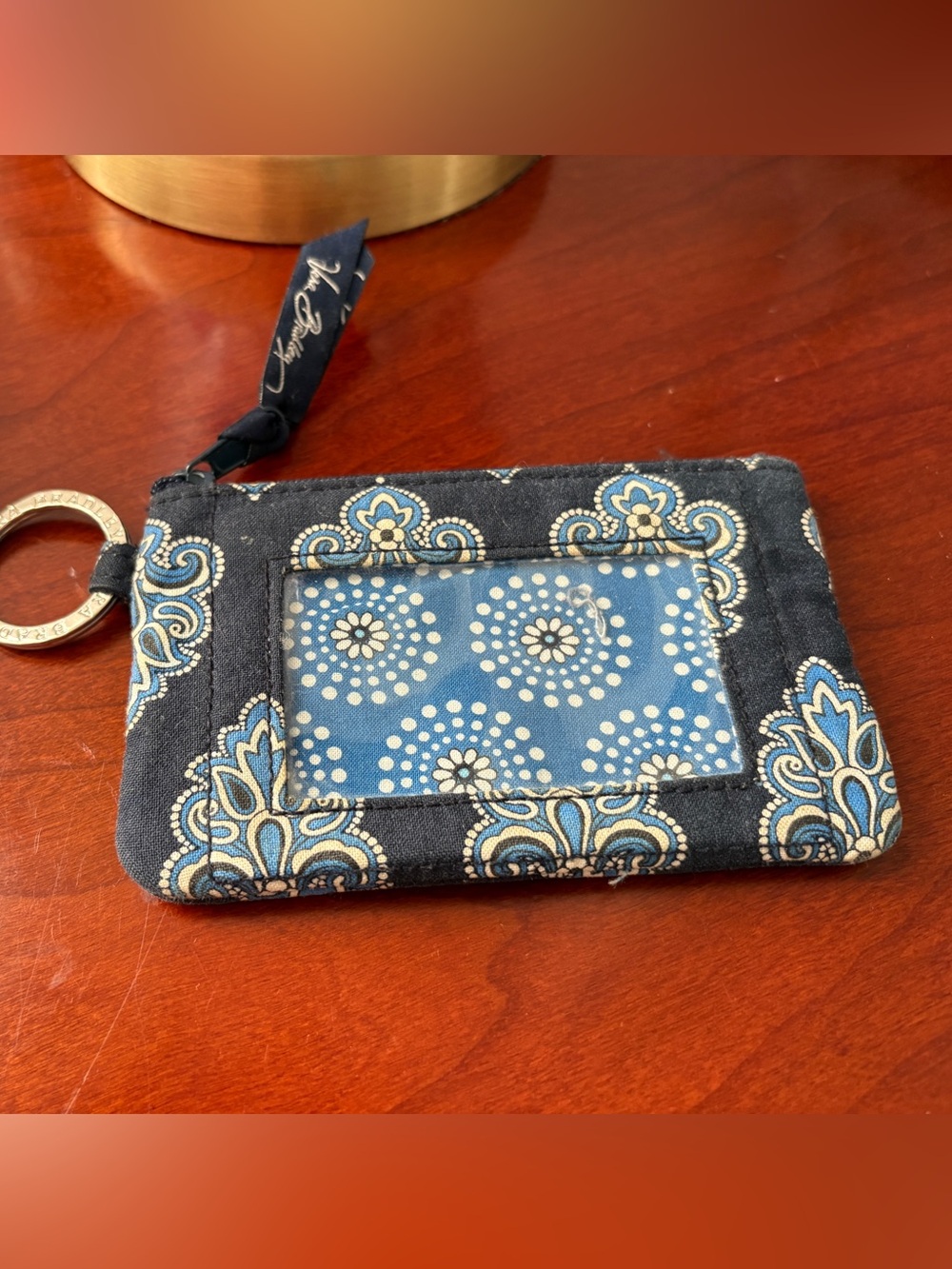Vera Bradley Navy and Light Blue Block Print Floral ID Case with Key Ring